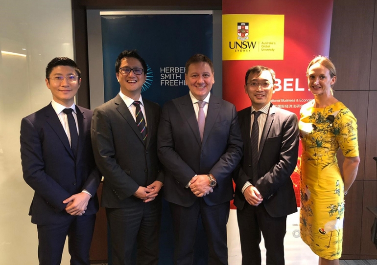 CIBEL Centre Co-director Associate Professor Heng Wang (R2) with Mr Murphy Mok (L1), Mr Calvin Ho (L2),  Mr Justin D'agostino (L3) and Ms Anita Phillips(R1).